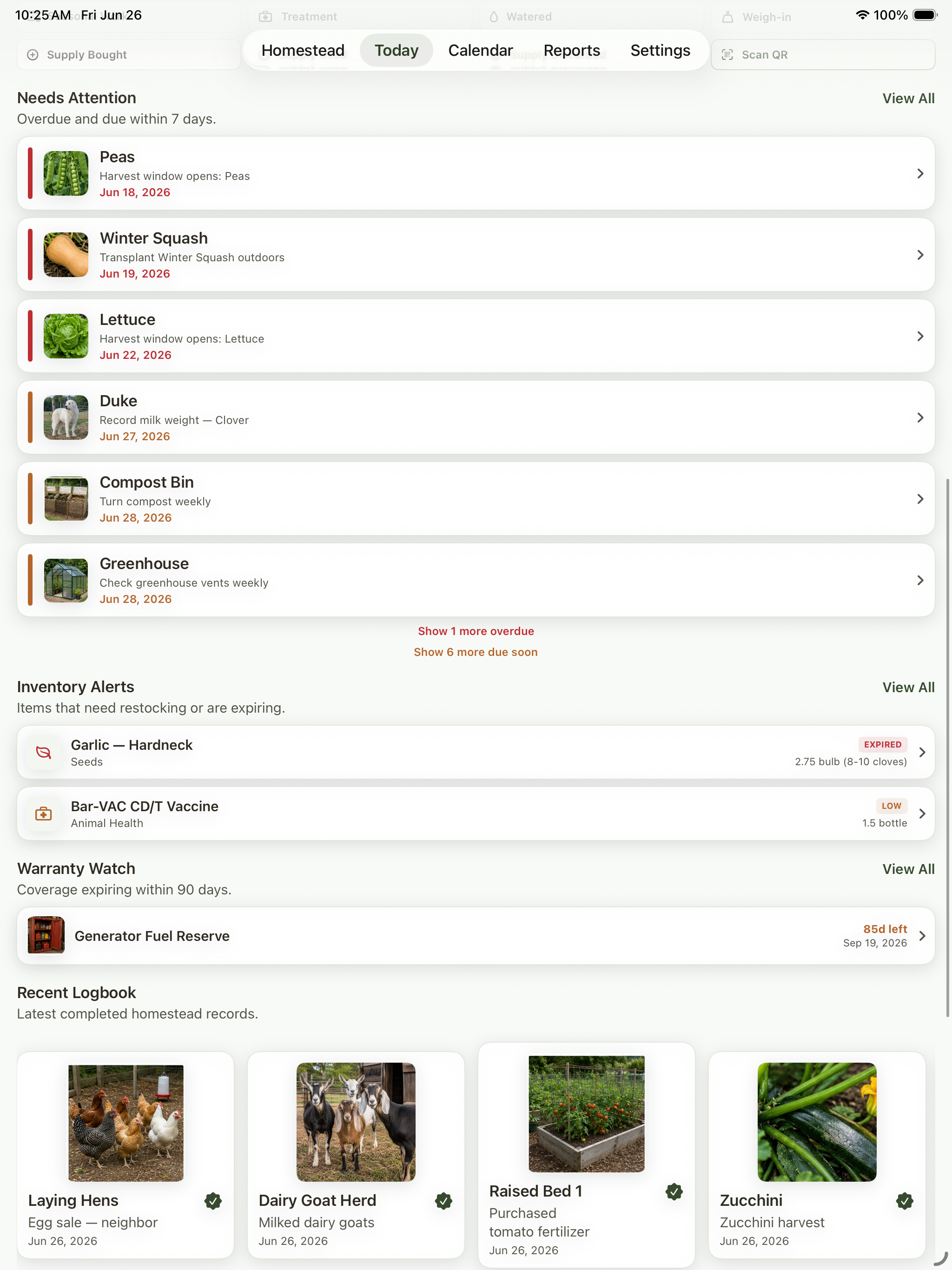 Today screen showing inventory alerts and recent expiring or low stock items.